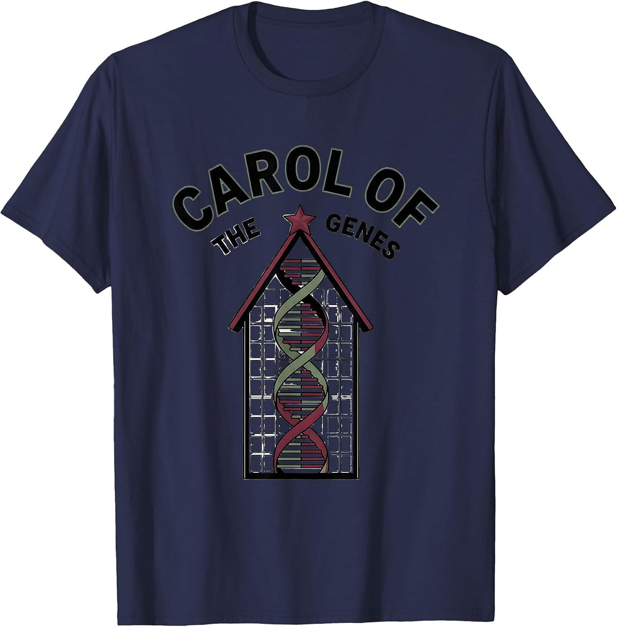 Men's Carol of the Genes DNA Helix Christmas Tree Science Teacher T-Shirt - Navy Blue