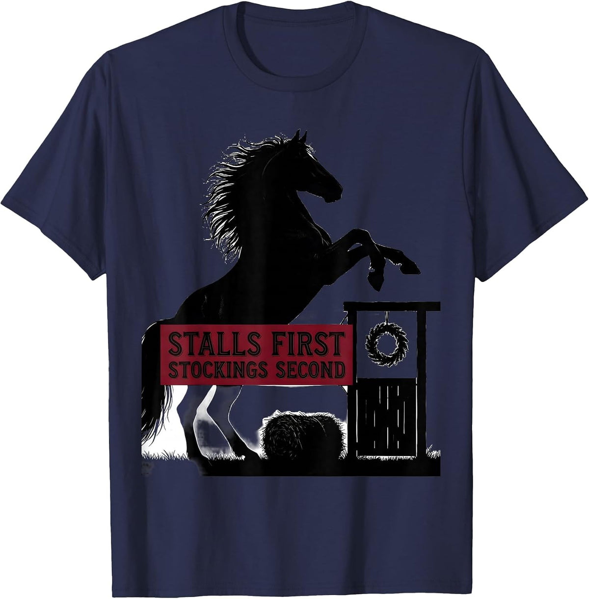 Men's Stalls First Stockings Second Horse Lover Christmas Pajama T-Shirt - Navy Blue