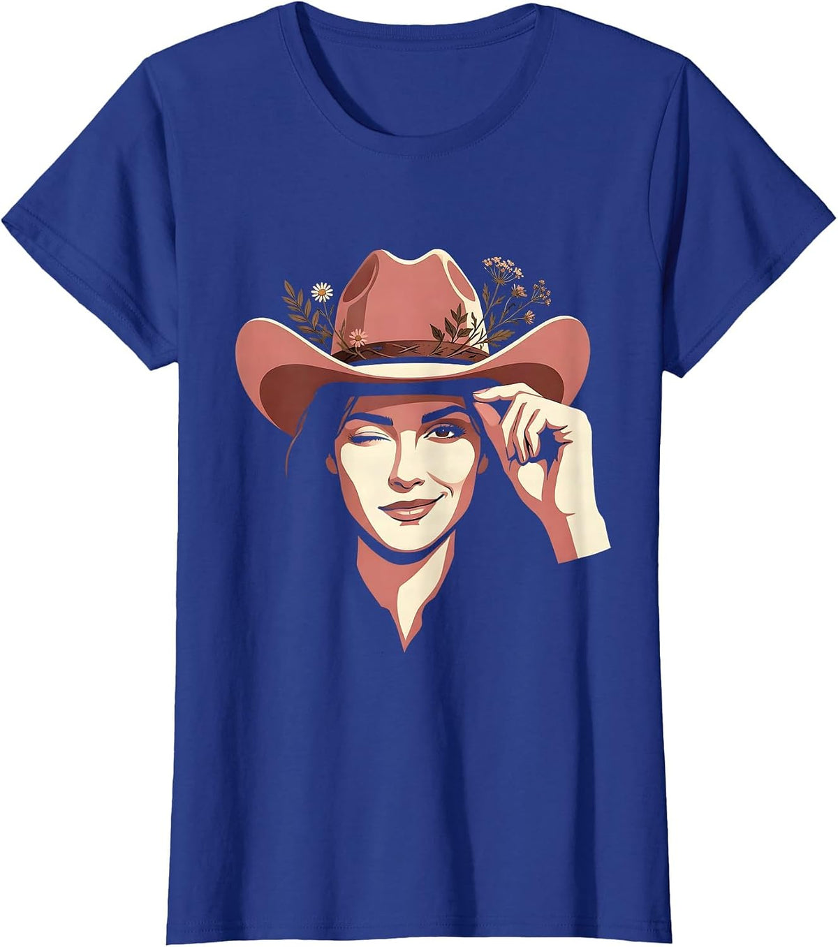 Women's Cowgirl Hat Tip Wink Western Graphic Tee T-Shirt - Royal Blue