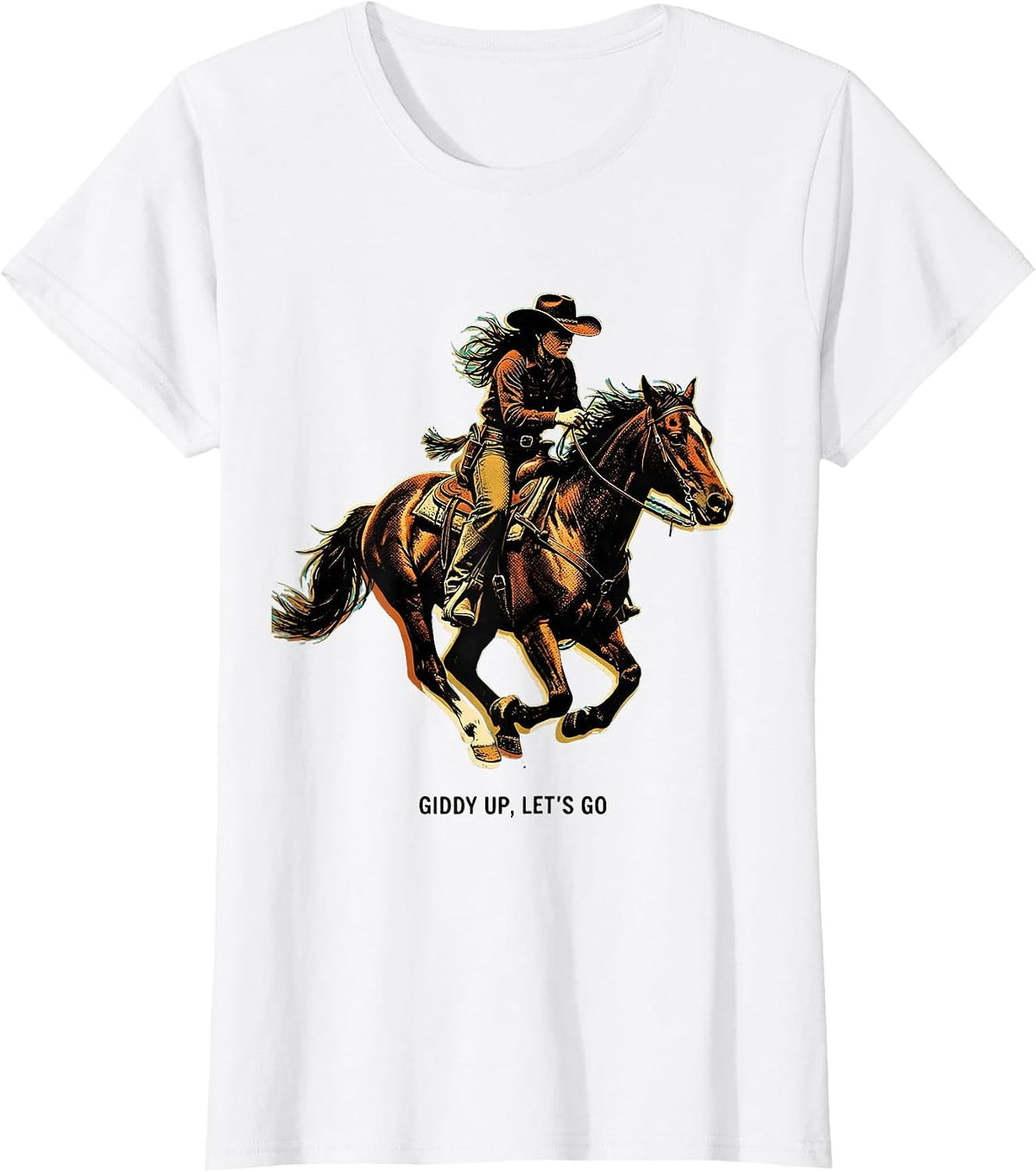 Women's Giddy Up Lets Go Cowgirl Western Design T-Shirt - White