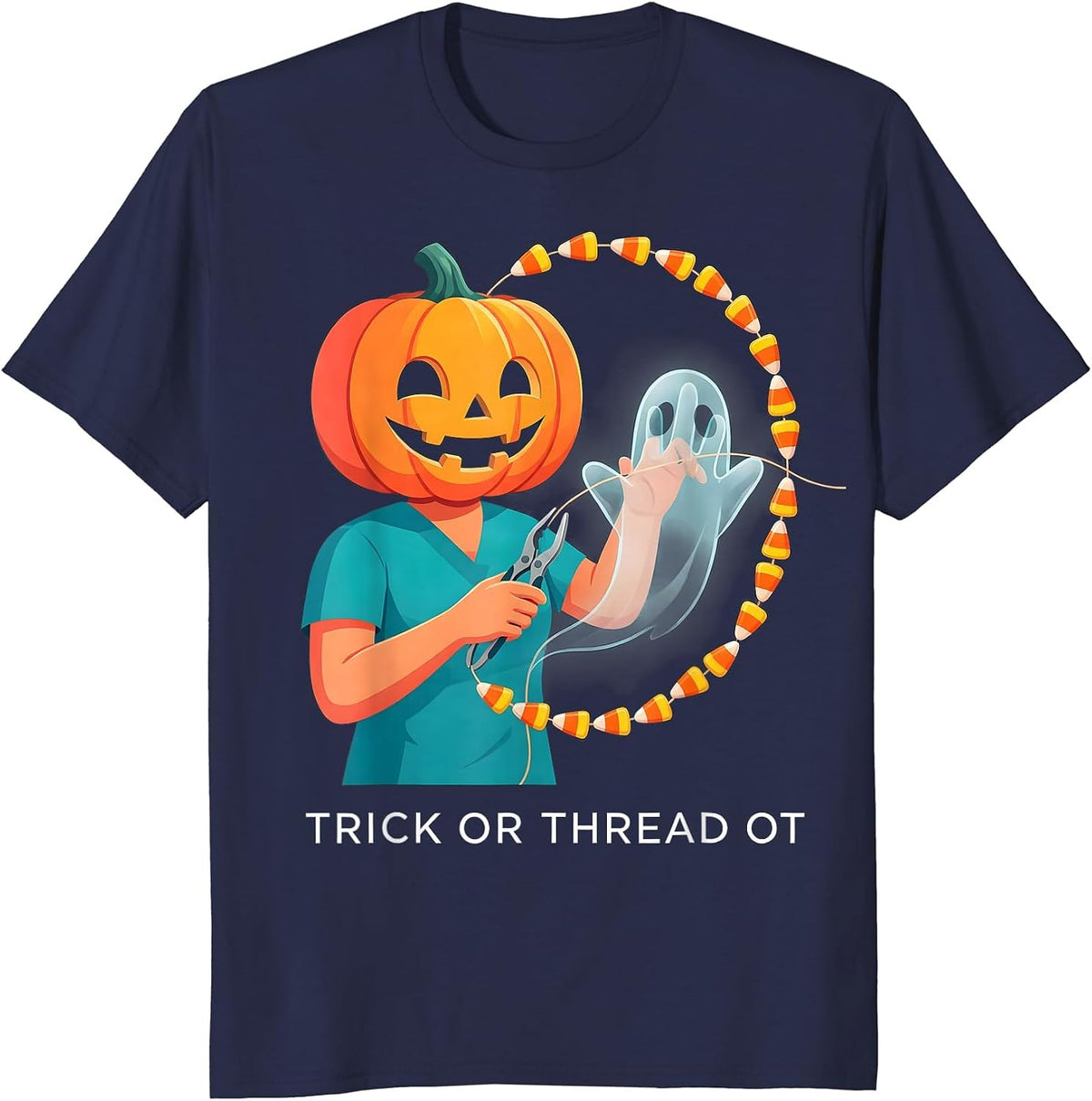 Trick Or Thread OT Cheerful Halloween Occupational Therapist T-Shirt - Navy Blue