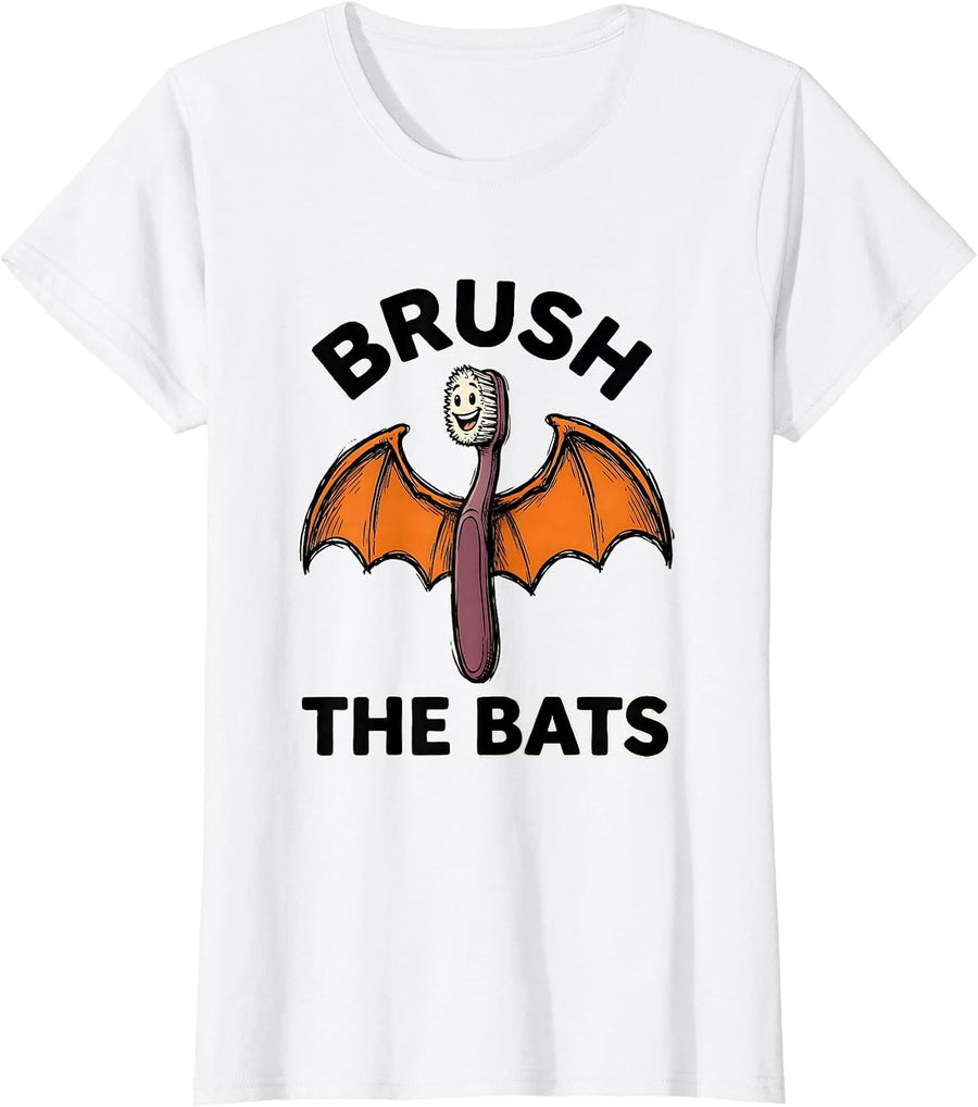 Women's Brush the Bats Funny Dental Halloween Dentist Hygienist T-Shirt - White