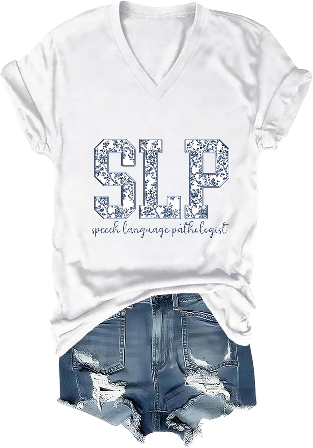Speech Language Pathologist Shirt SLP V-Neck Shirts Florals Speech Therapist V Tee - White