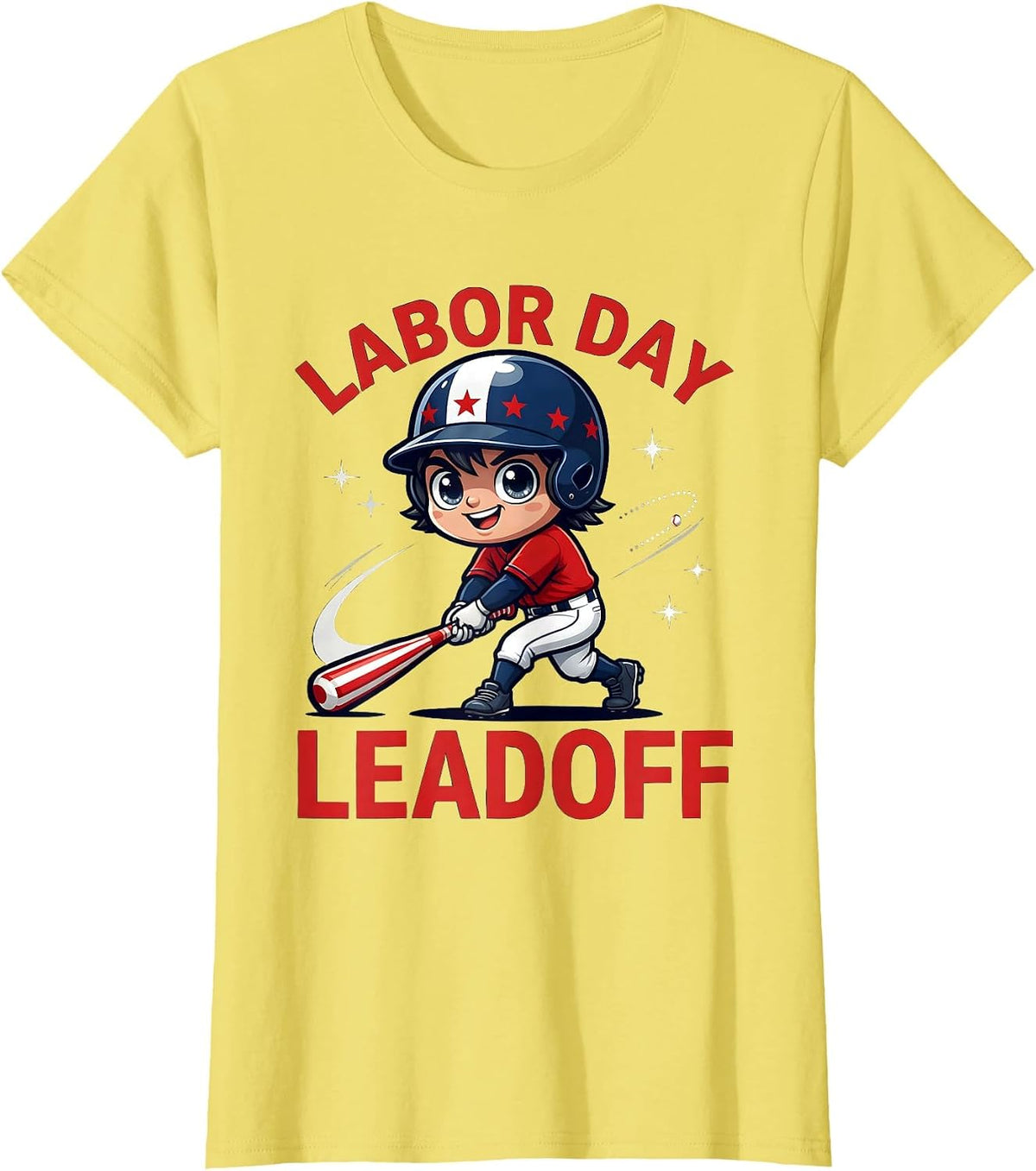 Women's LABOR DAY LEADOFF Cartoon Baseball Player Labor Day T-Shirt - Lemon Yellow