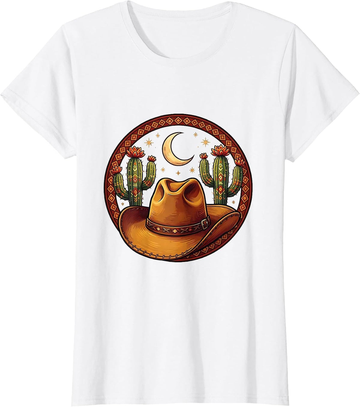 Women's Cowgirl Hat Cactus Crescent Moon Western Design T-Shirt - White