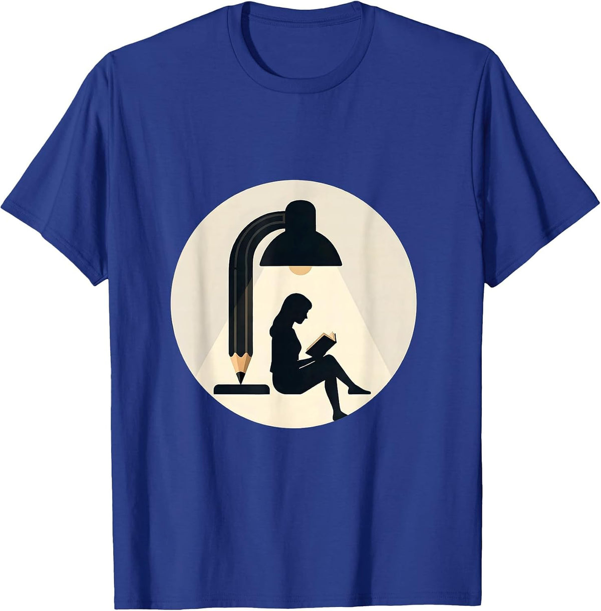 Teacher Reading Under Pencil Lamp Illustration T-Shirt - Royal Blue