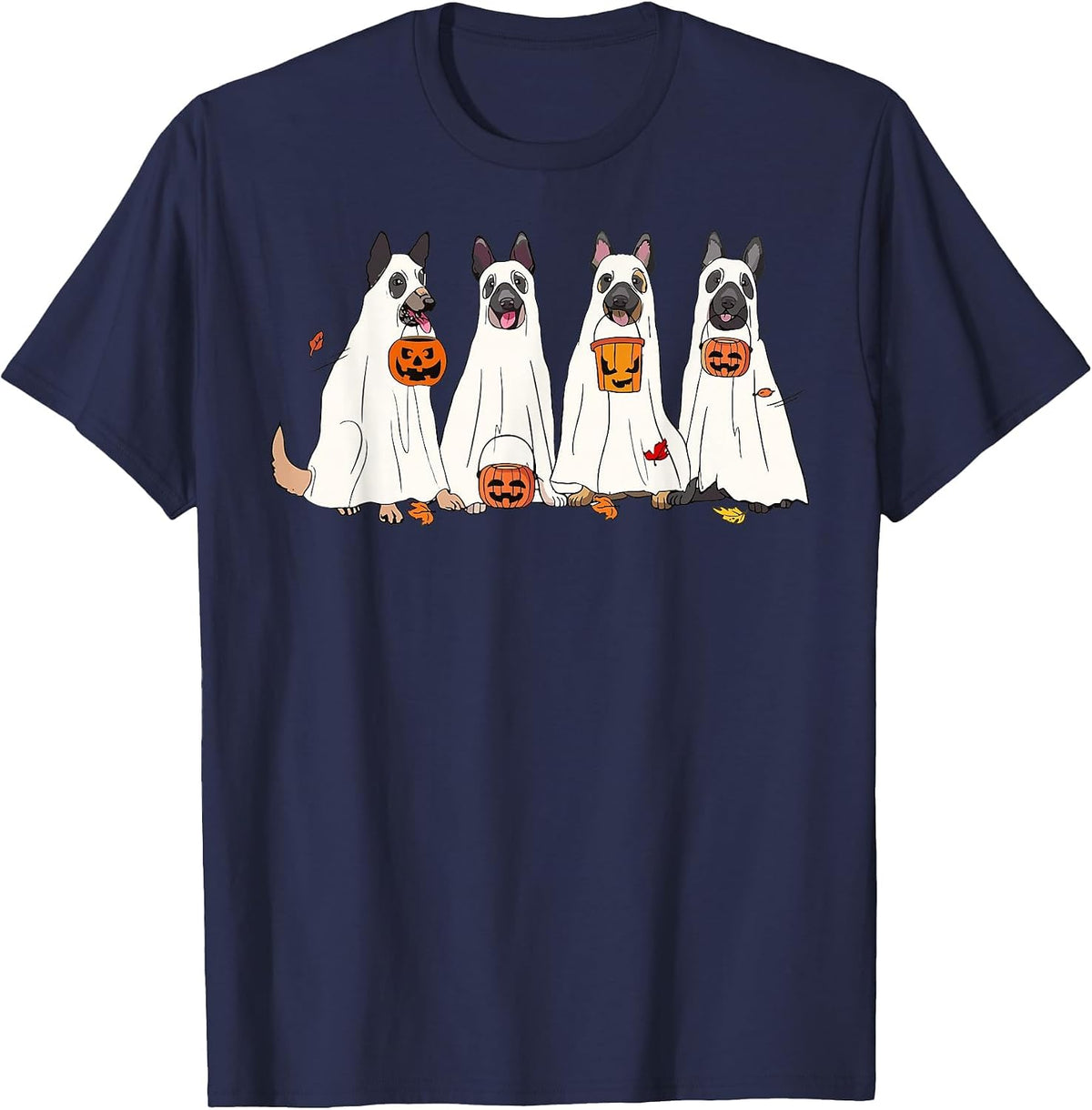 Dog Halloween Trick Or Treat Boo Ghost Pumpkin Malinois Dogs T-Shirt - Navy Blue