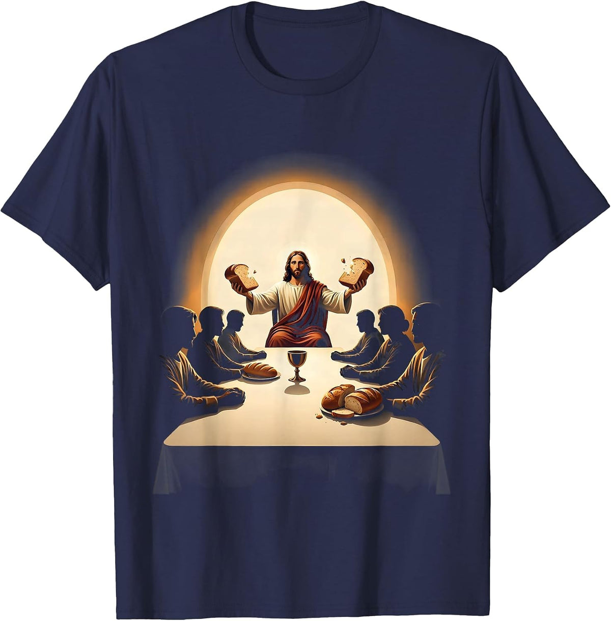 Jesus Breaking Bread at the Last Supper Table T-Shirt - Navy Blue