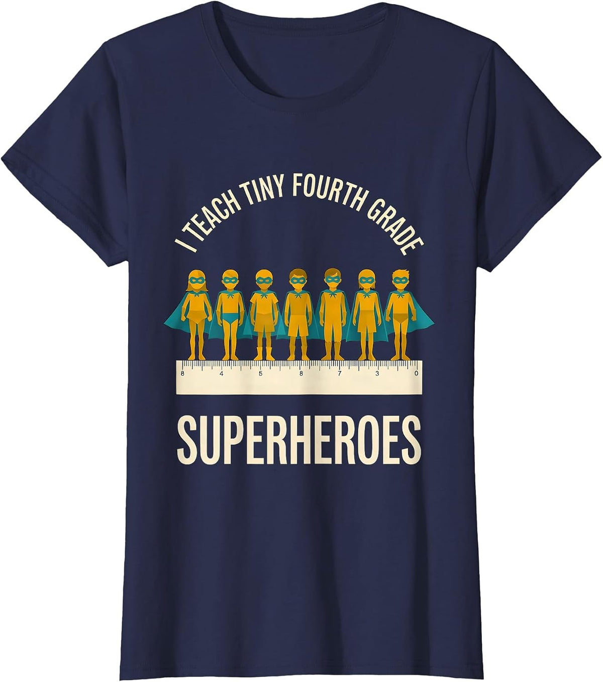 Women's I Teach Tiny Fourth Grade Superheroes Midcentury Modern T-Shirt - Navy Blue