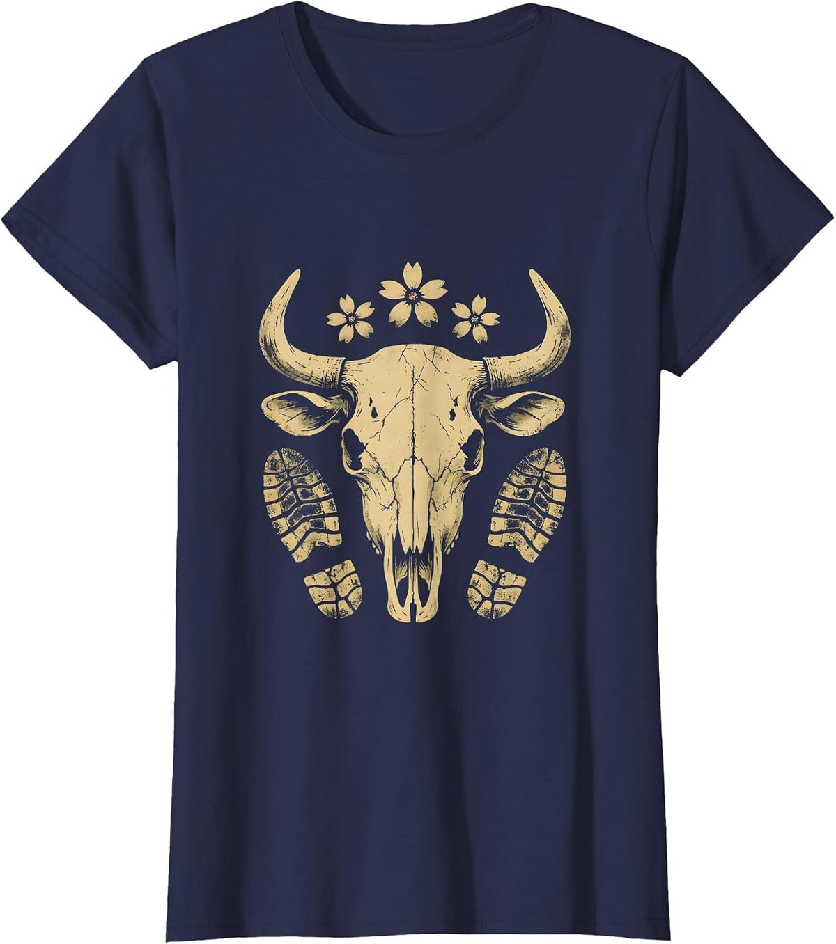 Women's Dusty Trail Boot Prints Cowboy Western Graphic T-Shirt - Navy Blue