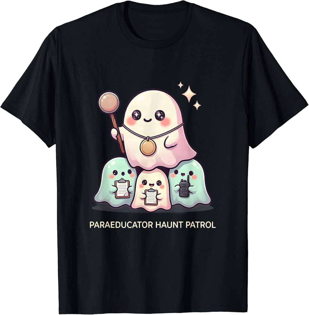 Men's Paraeducator Haunt Patrol Cute Kawaii Ghost Paraeducator T-Shirt - Black