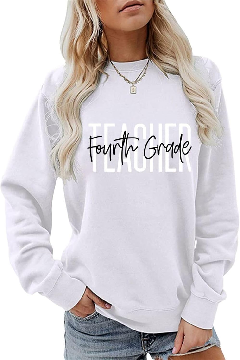 Retro Fourth Grade Teacher Sweatshirt for Women Crewneck Pullvoer Sweater 4th Grade Long Sleeve Shirts Fall Tops - White
