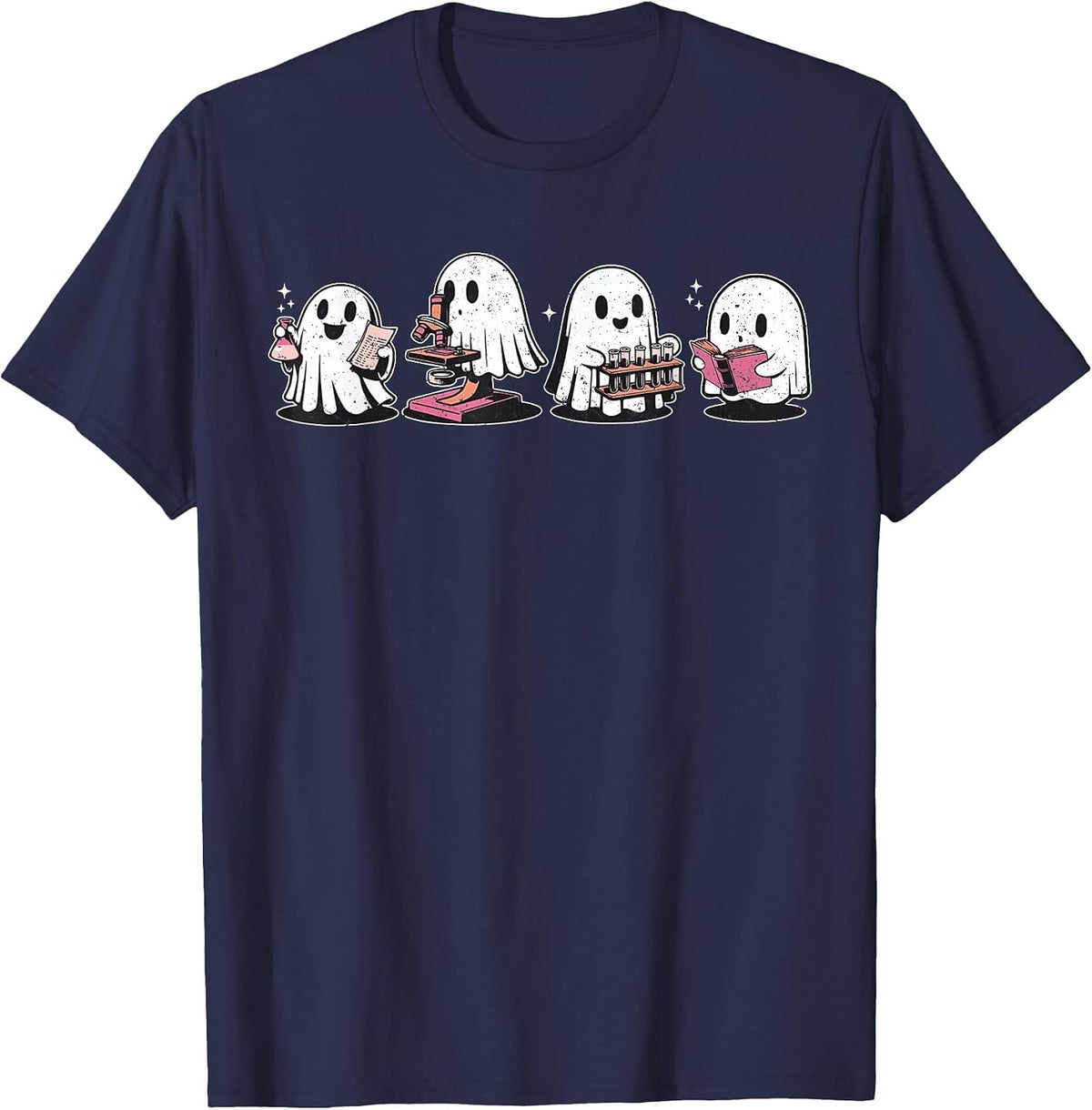 Cute Halloween Science Chemistry Ghost Laboratory Teacher T-Shirt - Navy Blue