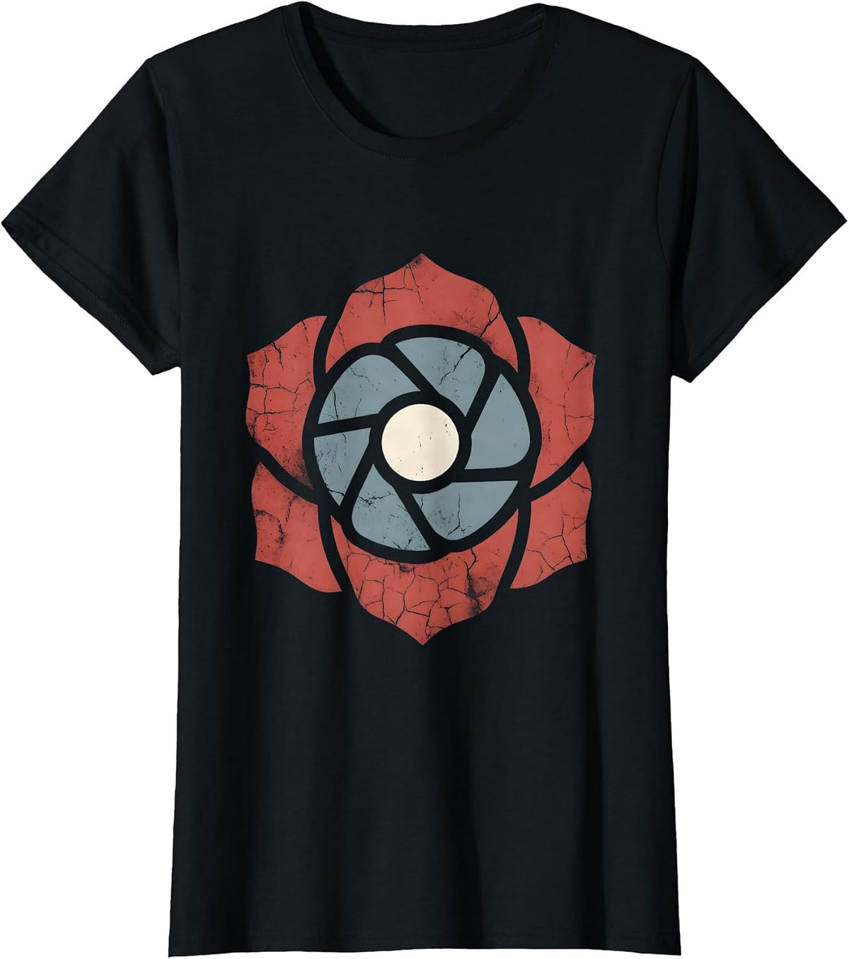 Red Rose Blue Petals Patriotic Floral Design T-Shirt - Black