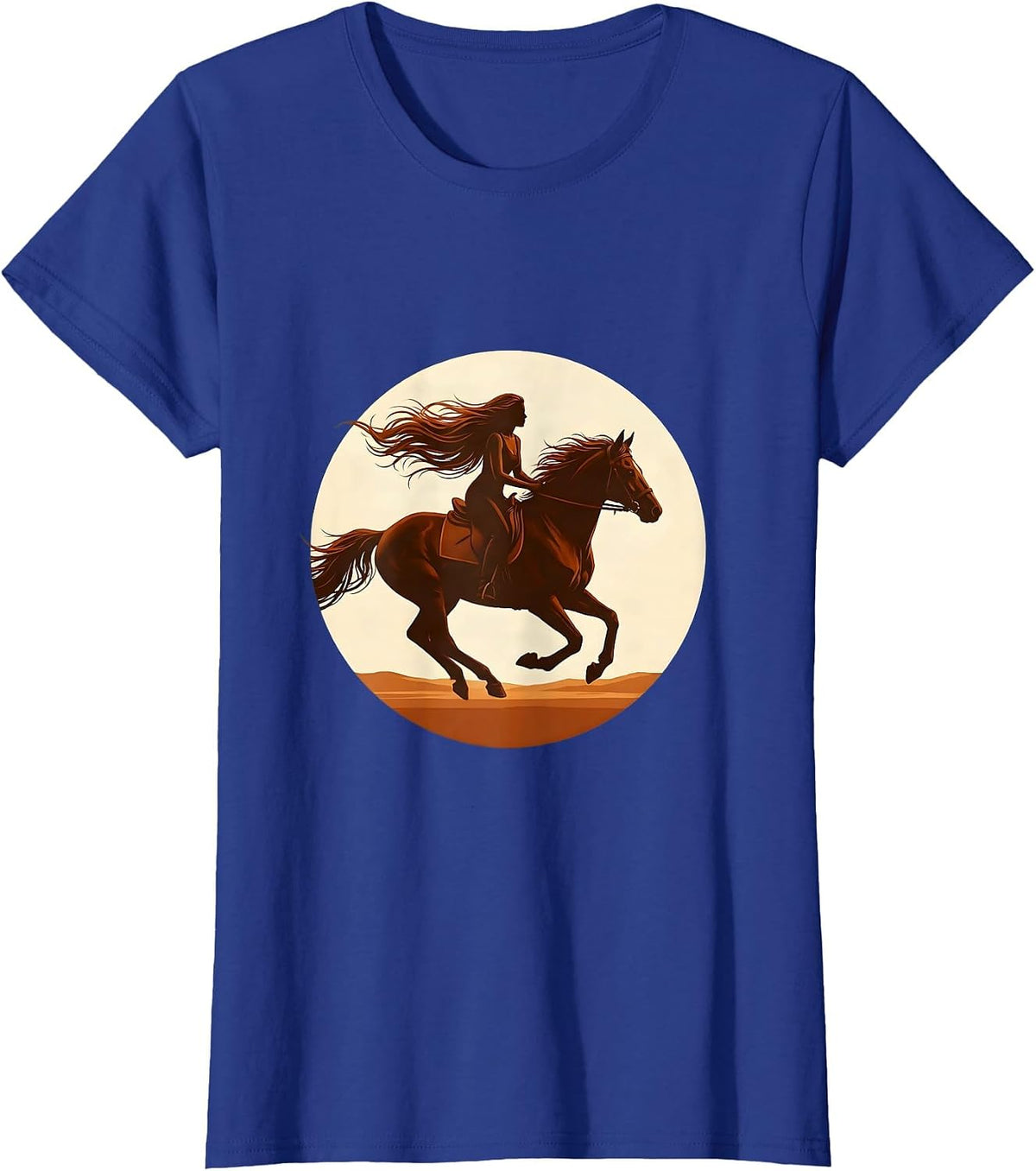 Women's Woman Riding Horse at Sunset Freedom Design T-Shirt - Royal Blue