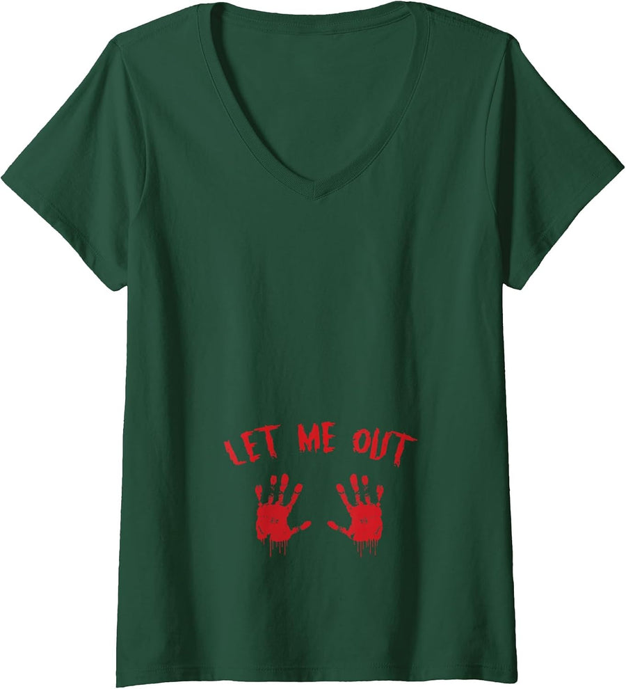 Women's Let Me Out Bloody Hand Print Pregnant Halloween Costume V-Neck T-Shirt - Dark Green