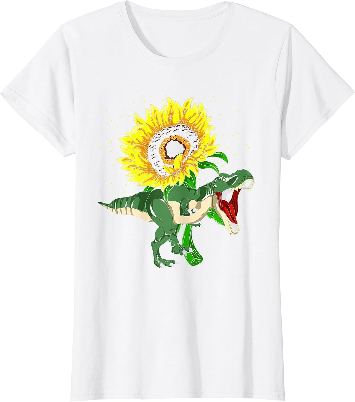Floral Sunshine Flower T-Rex Sunflower Roaring Dinosaur T-Shirt - White