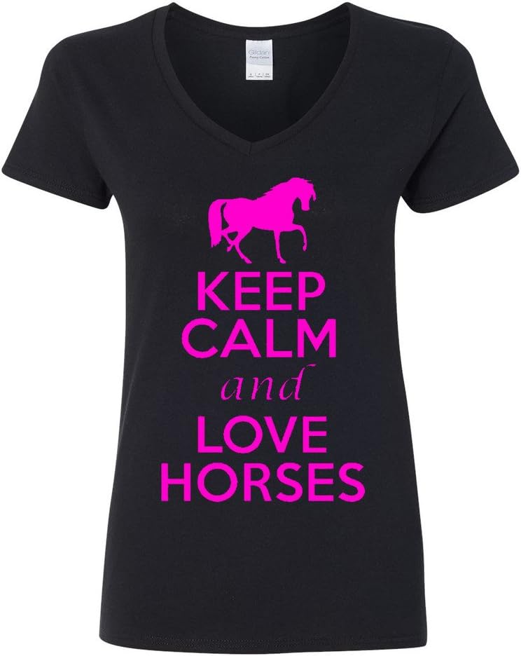 V-Neck Ladies Keep Calm and Love Horses Animal Lover T-Shirt Tee - Black W\/ Neonpink