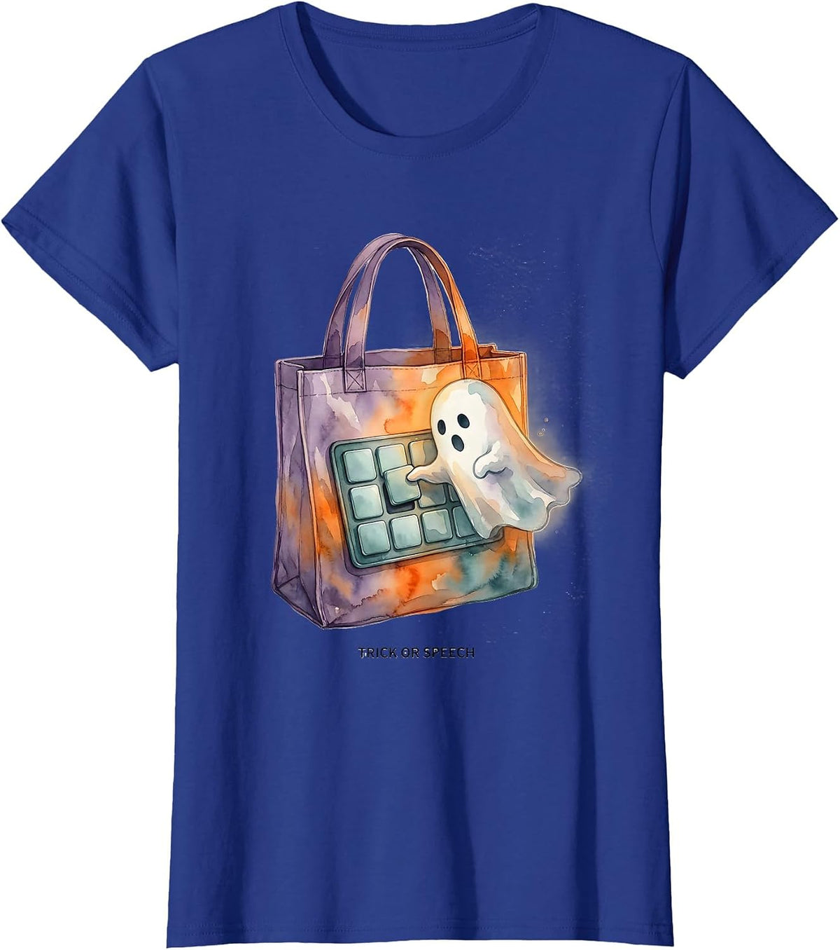 Women's Trick or Speech Watercolor Halloween Speech Therapy SLP T-Shirt - Royal Blue