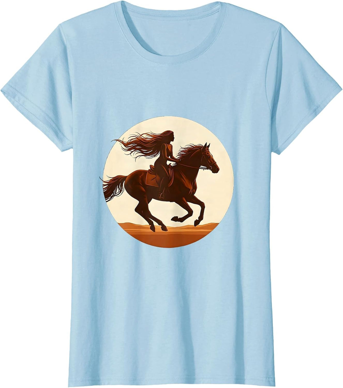 Women's Woman Riding Horse at Sunset Freedom Design T-Shirt - Baby Blue