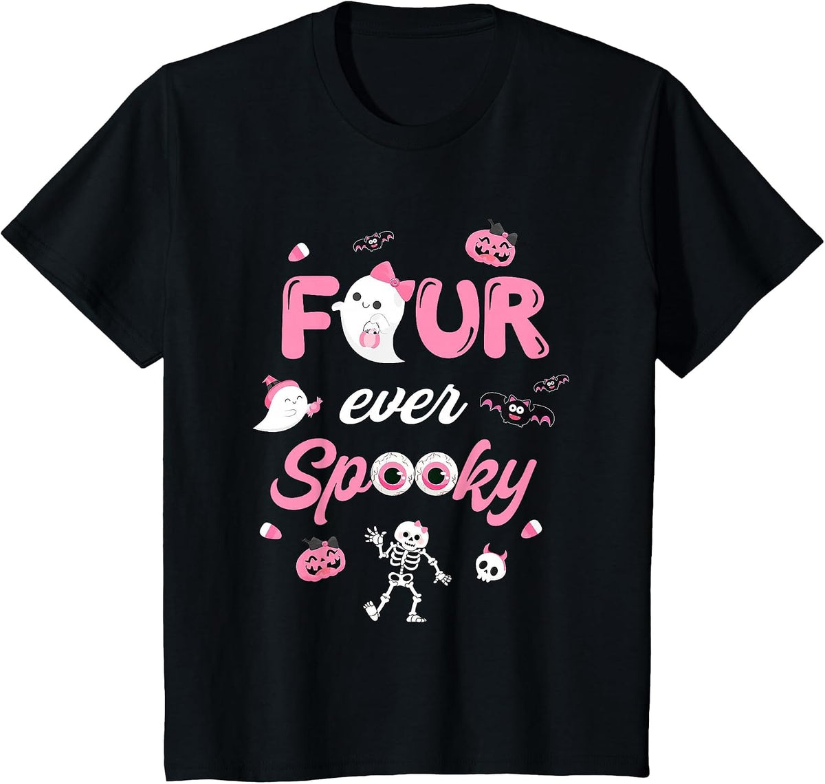 Four Ever Spooky Halloween Ghost 4th Birthday Girl Bow Ghost T-Shirt - Black