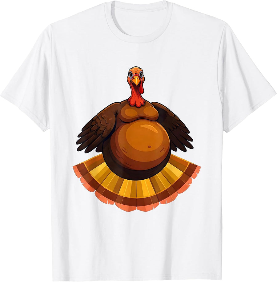 Pregnant Turkey Belly Funny Thanksgiving Graphic T-Shirt - White