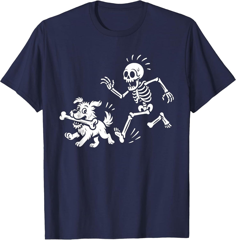 Funny Halloween Skeleton Chasing Dog Spooky Season Tee T-Shirt Pet Lover - Navy Blue