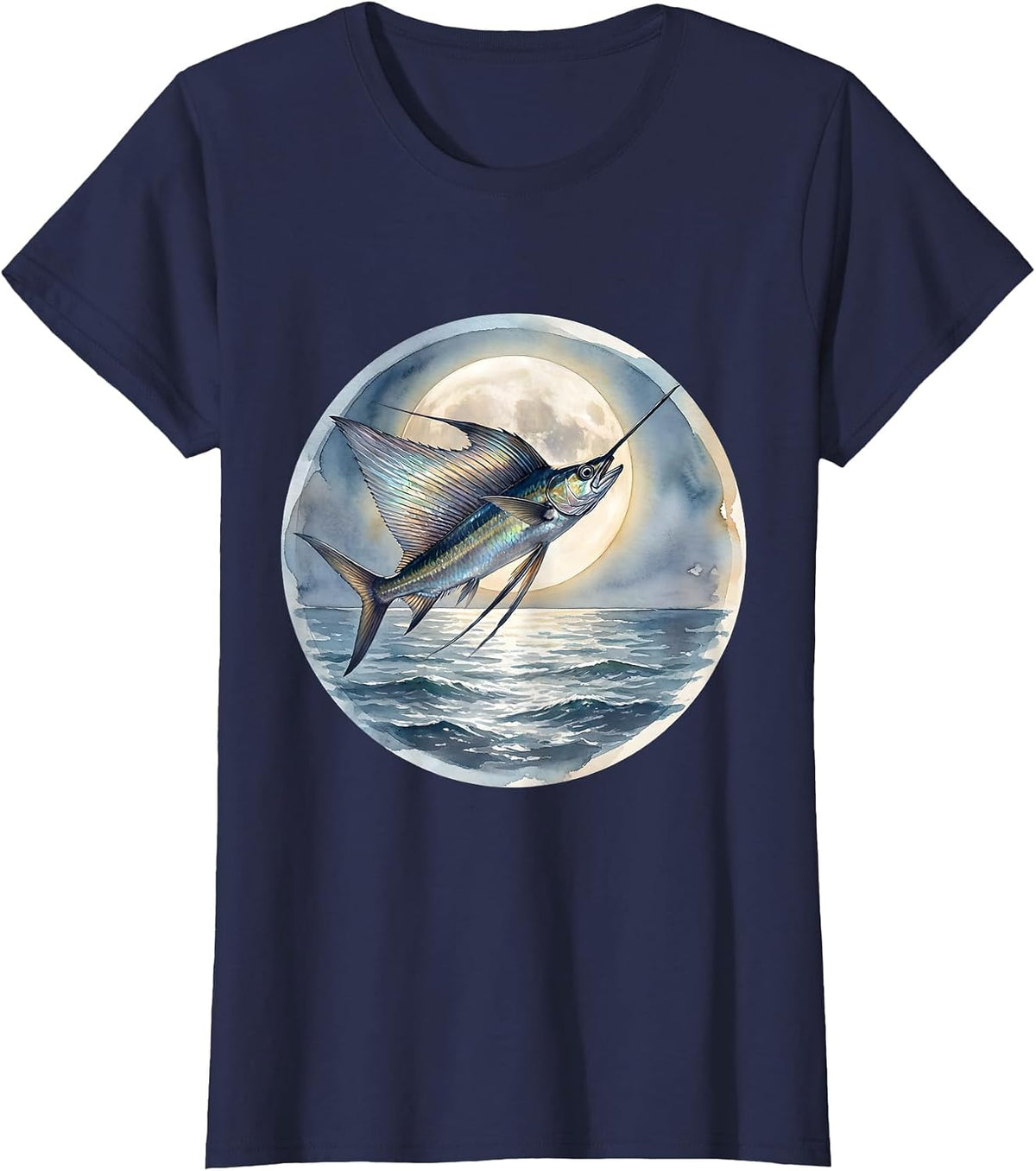 Women's Flying Fish Moonlit Gulf of Mexico Illustration T-Shirt - Navy Blue