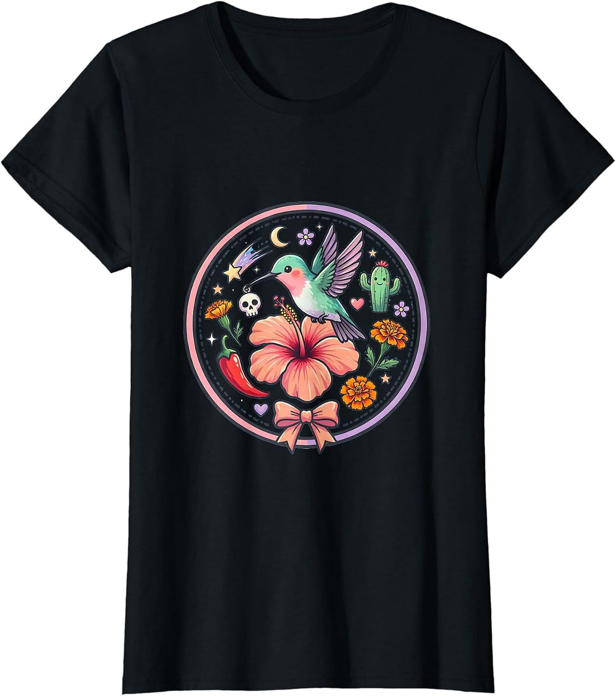Mexican Hummingbird Hibiscus Floral Graphic Design T-Shirt - Black
