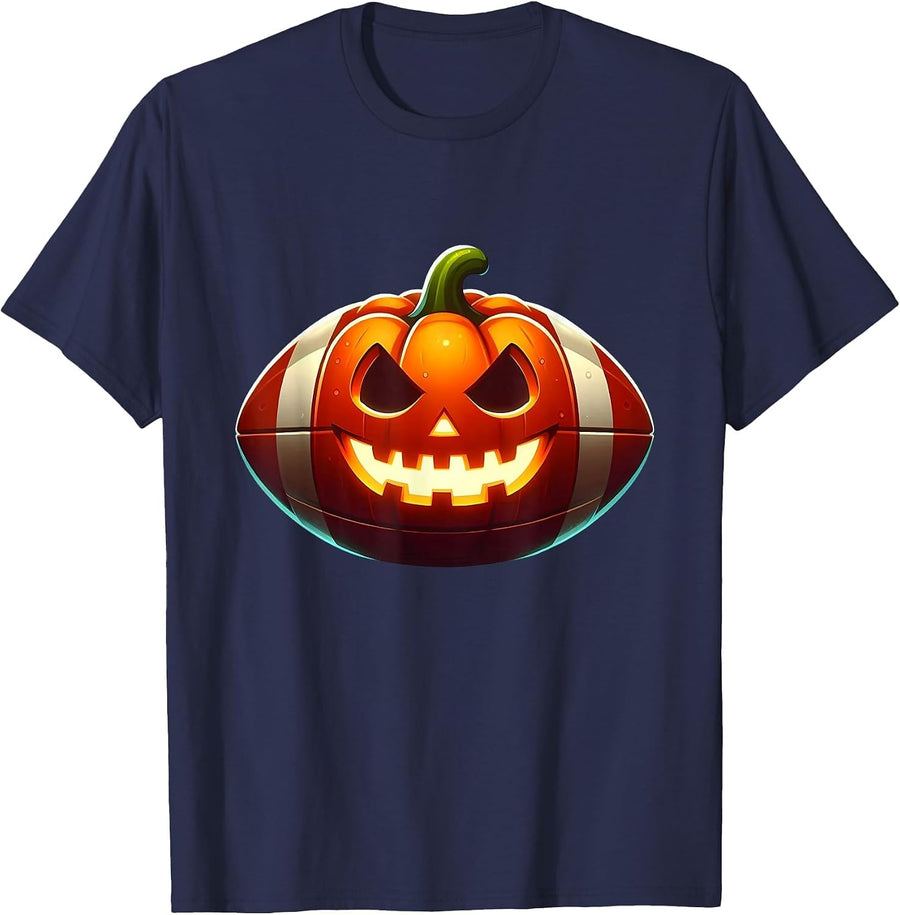 Football Halloween Pumpkin Scary Football Player Costume T-Shirt - Navy Blue