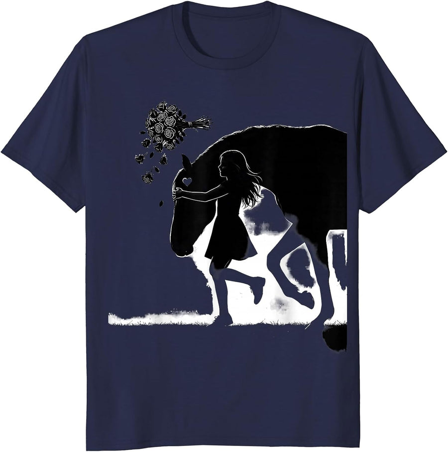 Silhouette Girl Tossing Roses Horse Lover Humor T-Shirt - Navy Blue