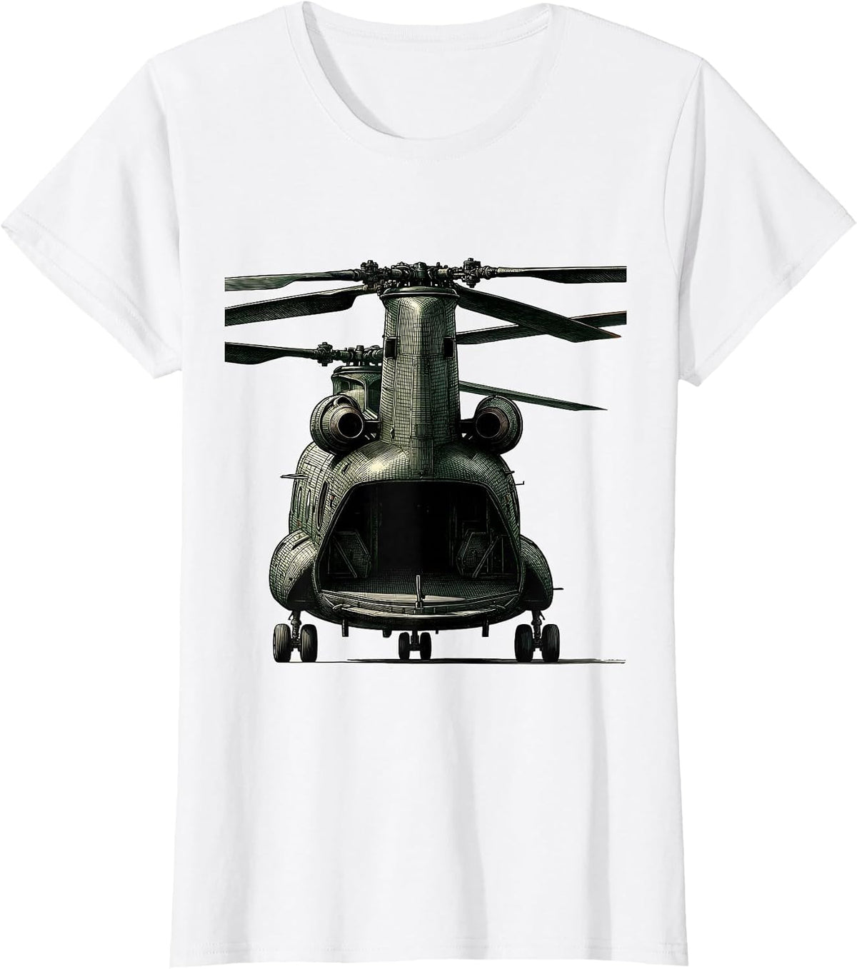 Women's CH-46 Sea Knight Crosshatch Etching Military Helicopter T-Shirt - White