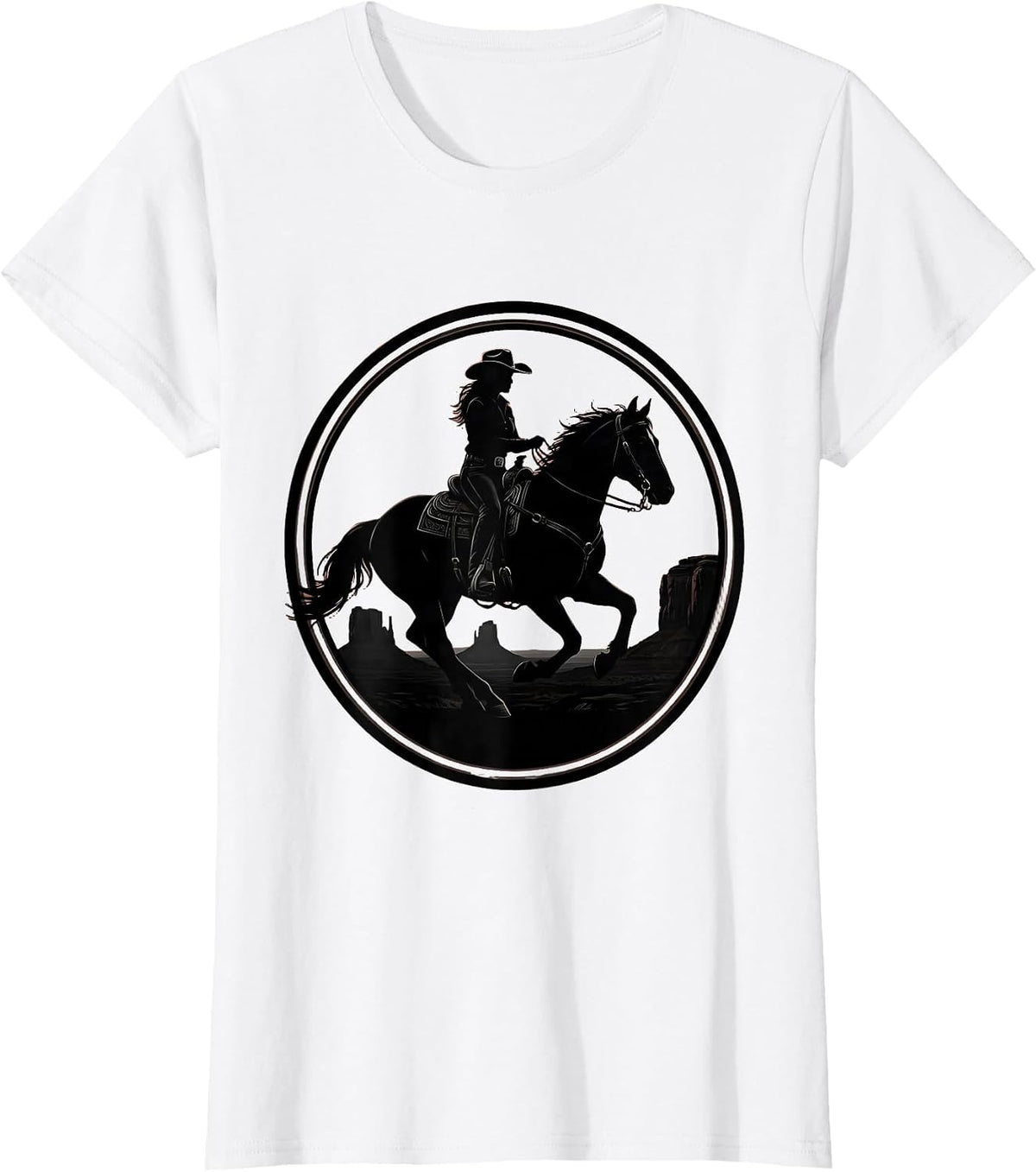 Western Cowgirl Horseback Rider Wide Brim Hat T-Shirt - White