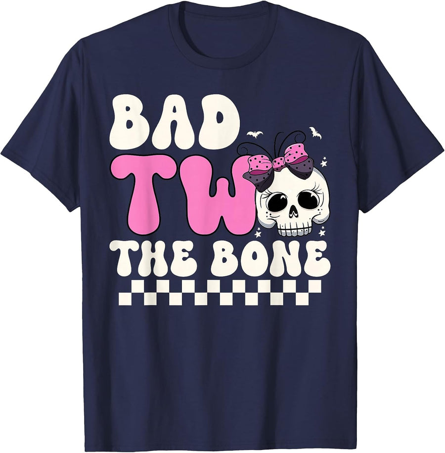 Bad Two The Bone 2nd Birthday Girls Spooky Birthday T-Shirt - Navy Blue
