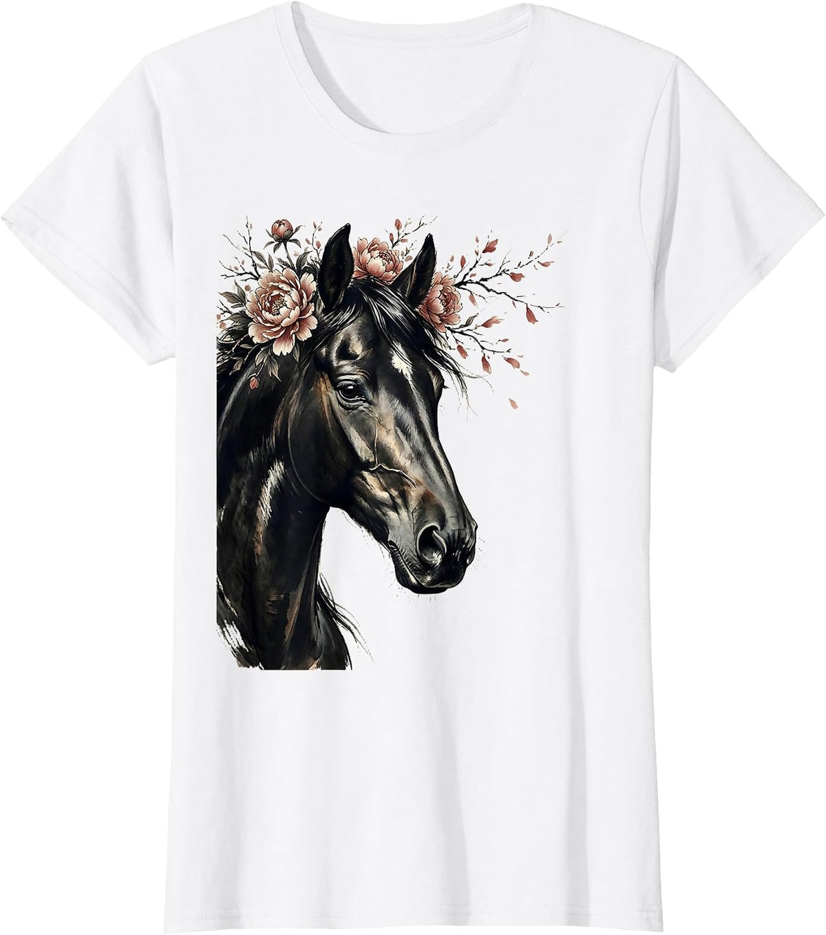 Horse Head Portrait with Floral Crown Illustration T-Shirt - White