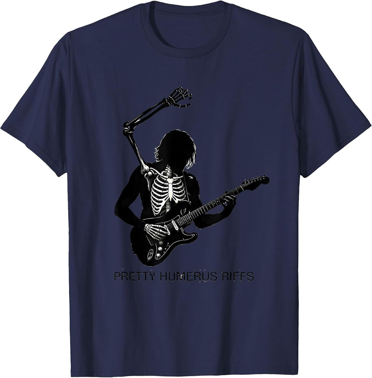 Pretty Humerus Riffs Bold Skeleton Guitarist Halloween T-Shirt - Navy Blue