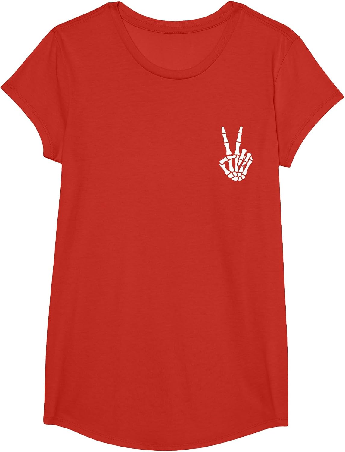 Skeleton Hand Peace Sign Bone Halloween Pocket Skeleton T-Shirt - Girls Red