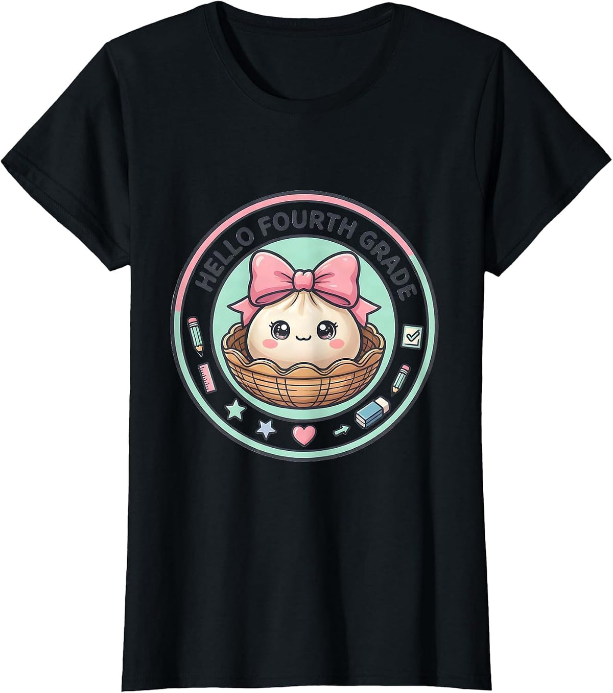 Hello Fourth Grade Kawaii Dumpling Back to School Girl T-Shirt - Black