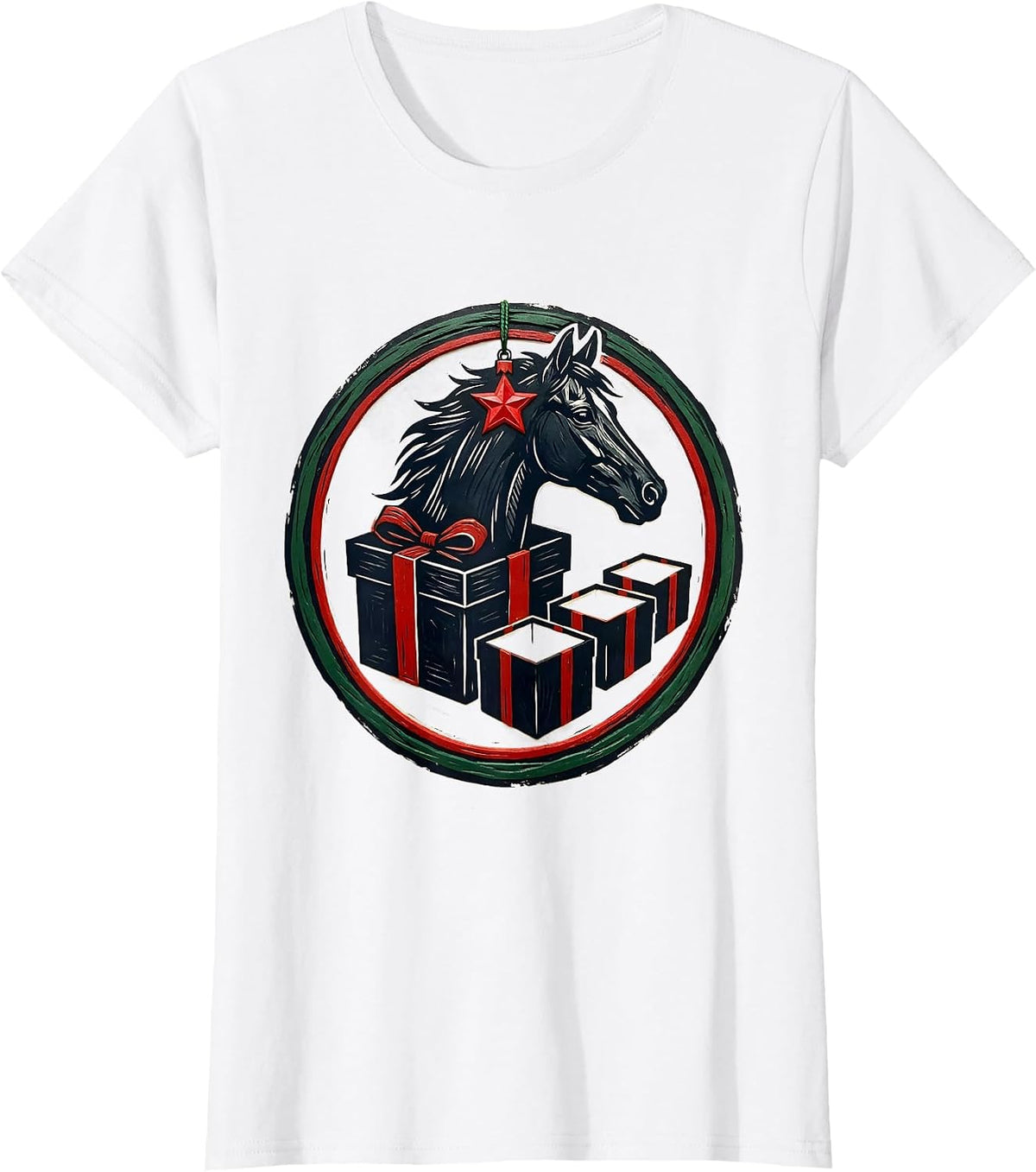 Sealed Horse Badge Gift Box Linocut Equestrian Pajama Humor T-Shirt - White