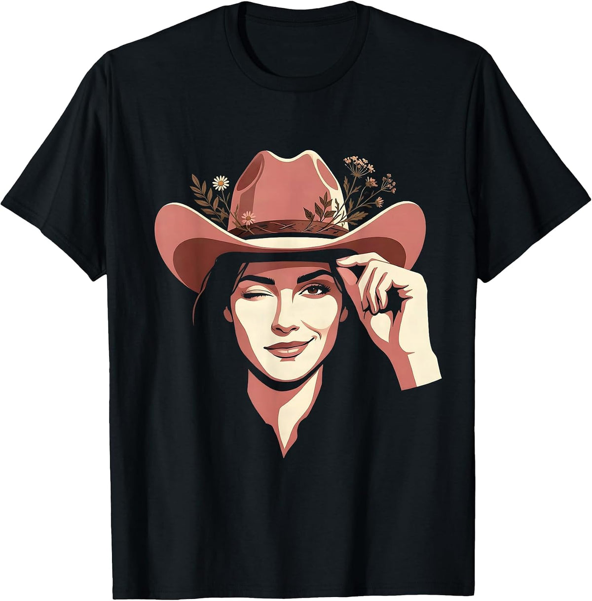 Men's Cowgirl Hat Tip Wink Western Graphic Tee T-Shirt - Black