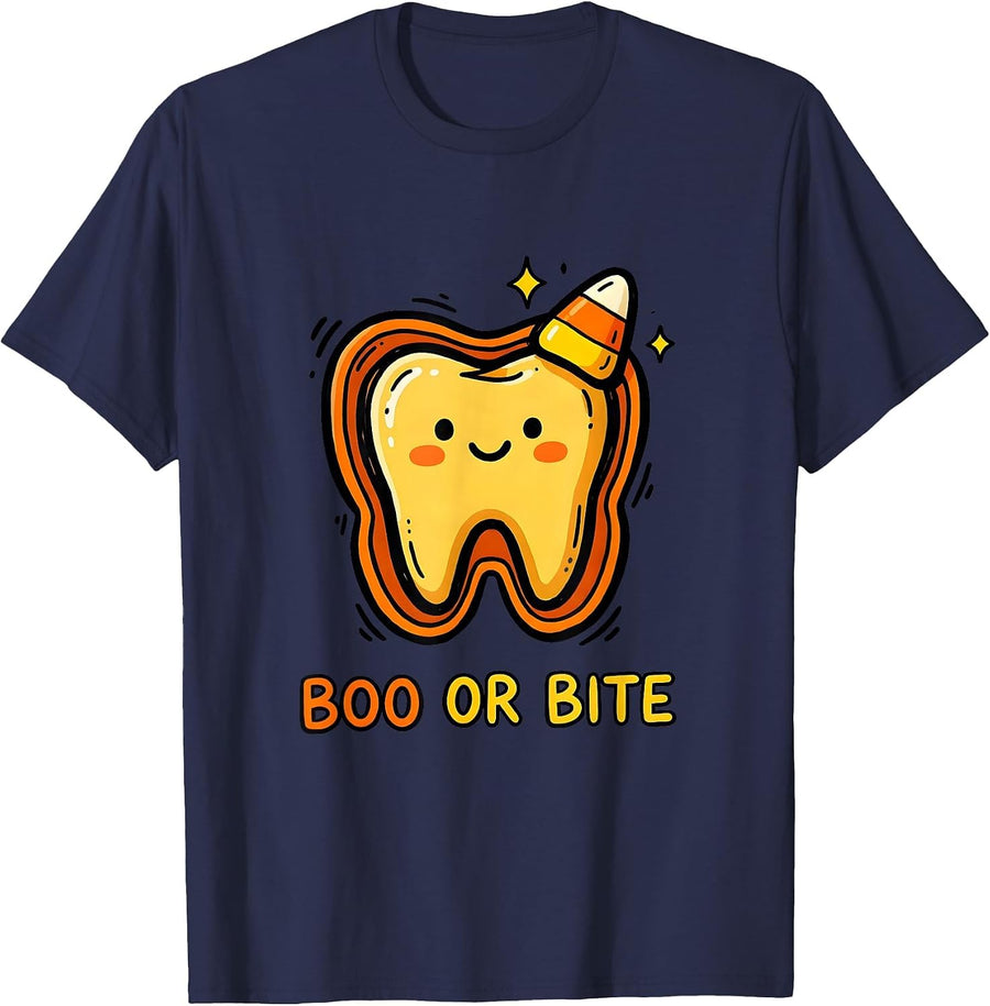 Boo Or Bite Funny Dental Hygienist Halloween Pun Humor T-Shirt - Navy Blue