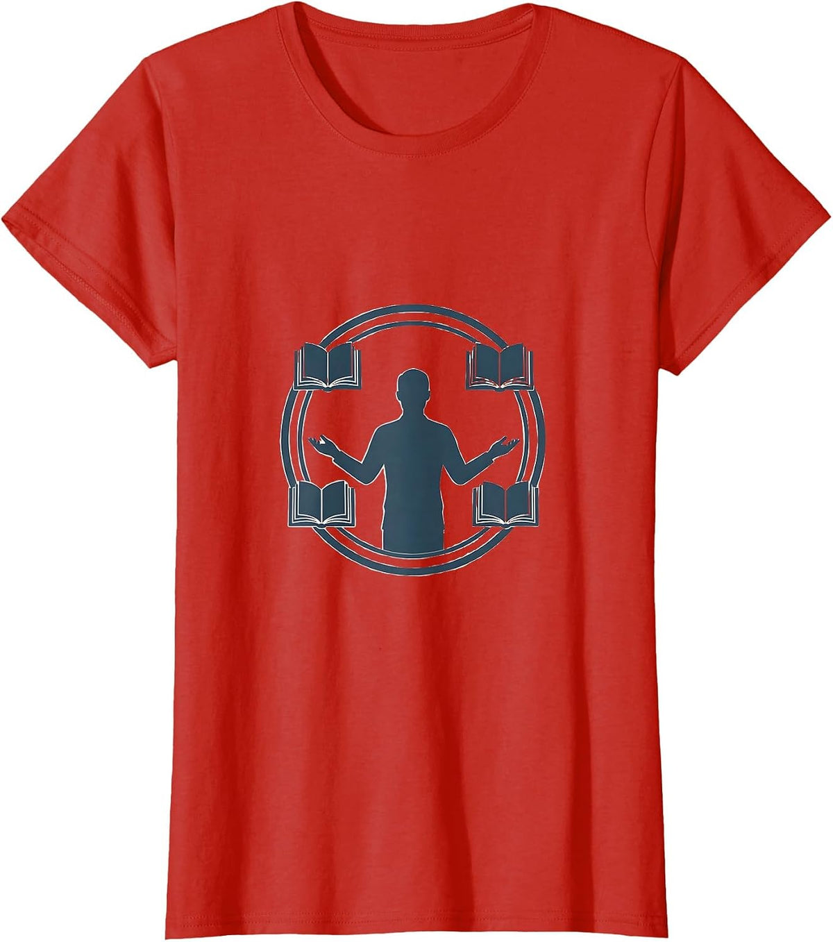 Reading Teacher Surrounded by Floating Open Books T-Shirt - Red