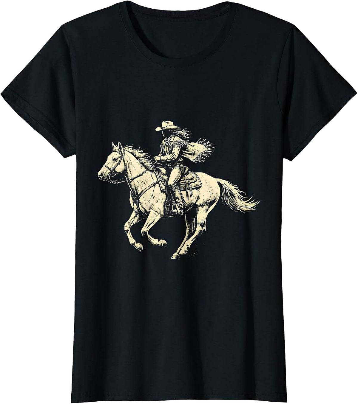 Cowgirl Silhouette Riding Horse at Sunset T-Shirt - Black