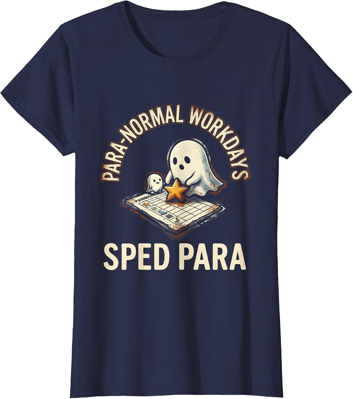 Women's Para-Normal Workdays SPED Para Ghost Rubber Stamp Humor T-Shirt - Navy Blue