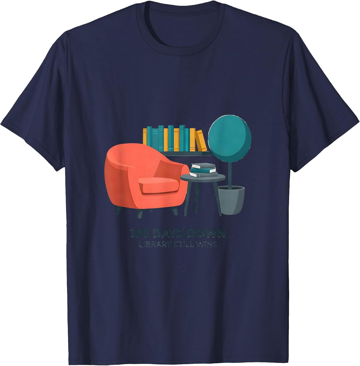 Men's 100 Days Down Library Still Wins Reading Teacher 100th Day T-Shirt - Navy Blue