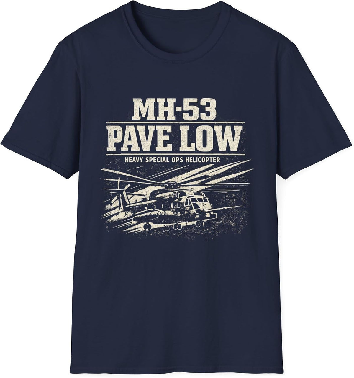 MH-53 Pave Low Helicopter Retro Distressed Typography Aviation T-Shirt for Pilots and Airplane Enthusiasts - Navy
