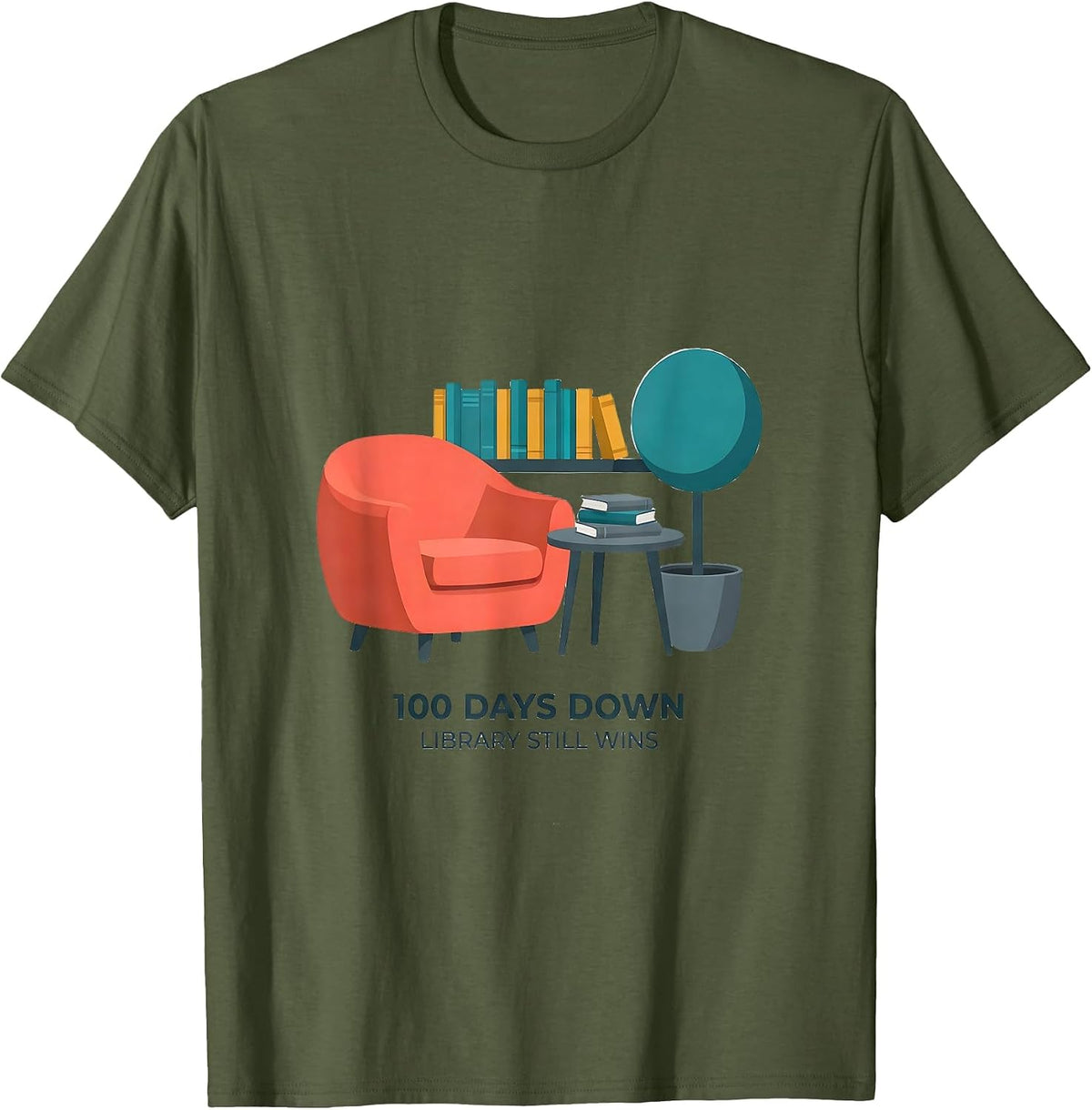 Men's 100 Days Down Library Still Wins Reading Teacher 100th Day T-Shirt - Olive Green