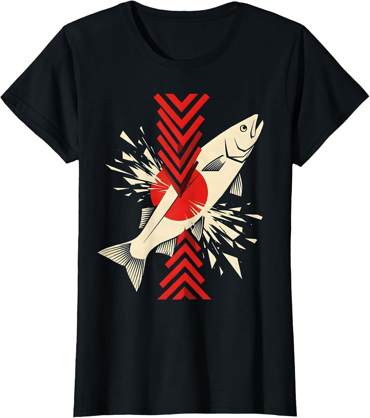 Salmon Leaping Upstream Waterfall Illustration T-Shirt - Black