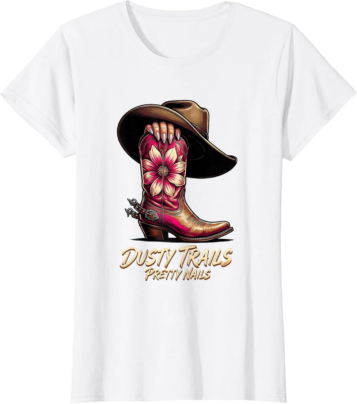 Dusty Trails Pretty Nails Pink Cowgirl Design T-Shirt - White