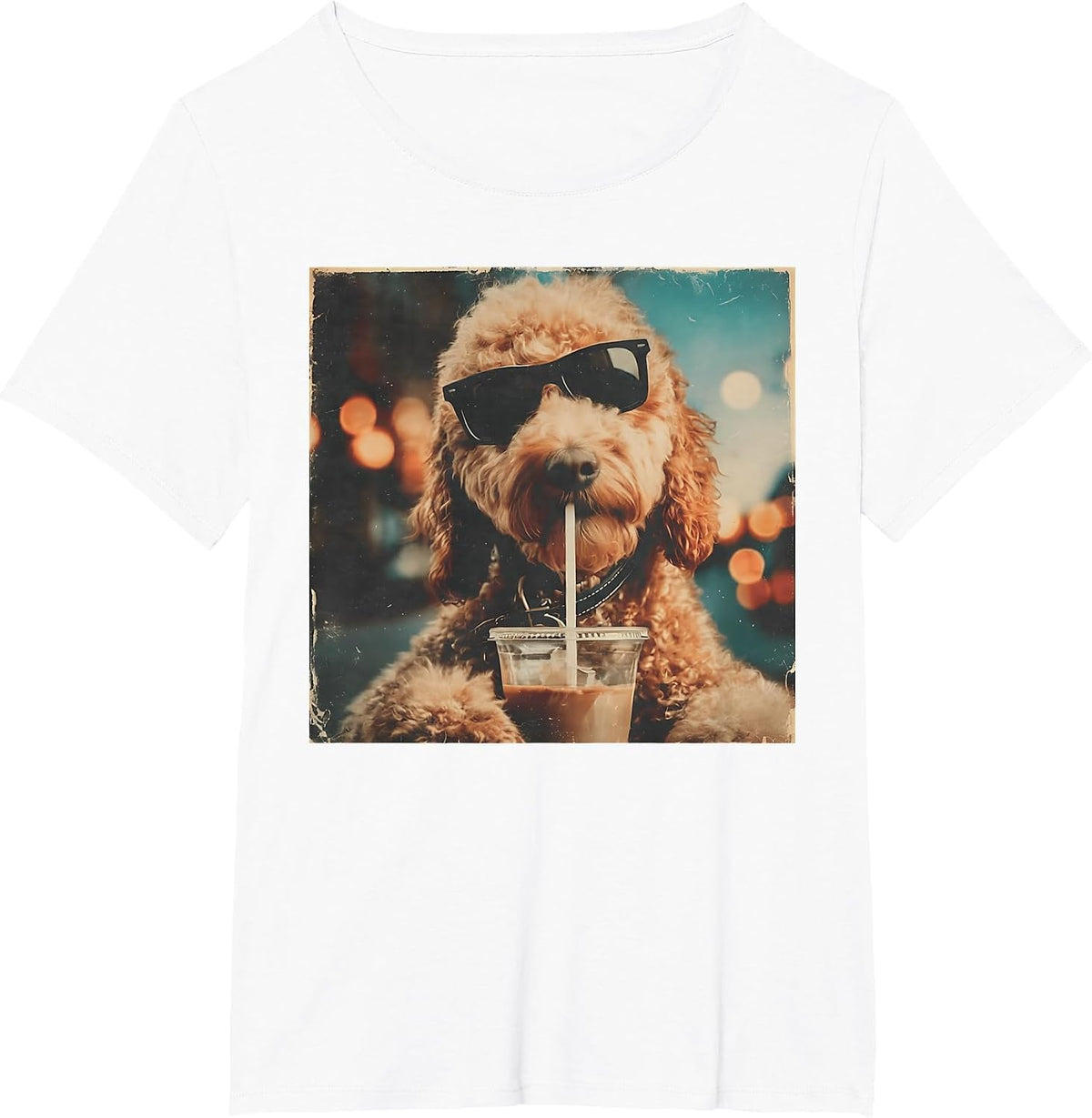 Funny Goldendoodle Drinking Iced Coffee Dog with Sunglasses T-Shirt - White